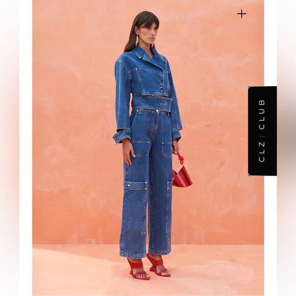 cult gaia georgia blue cut out lapel denim cotton jean jacket coat size large - Picture 2 of 11